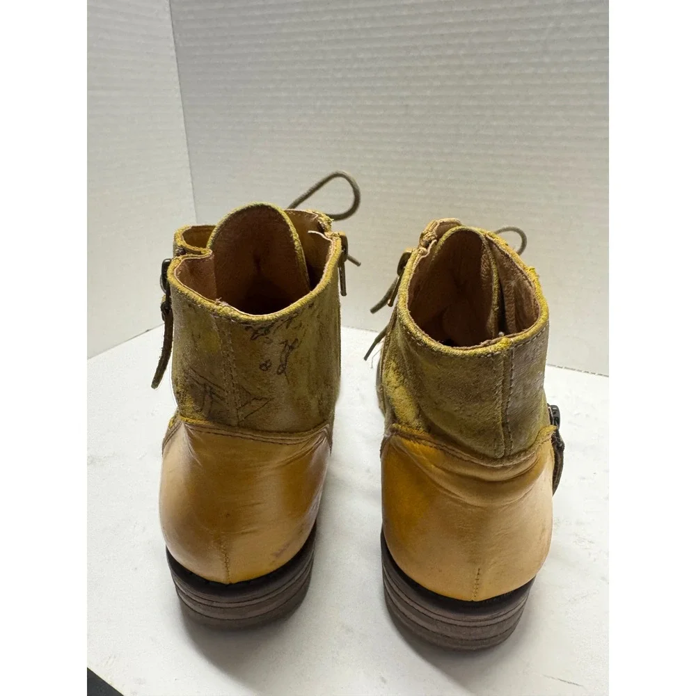 Portofino Yellow Leather Distressed Script Ankle Boots Size 39 8.5 Lace Up Zip